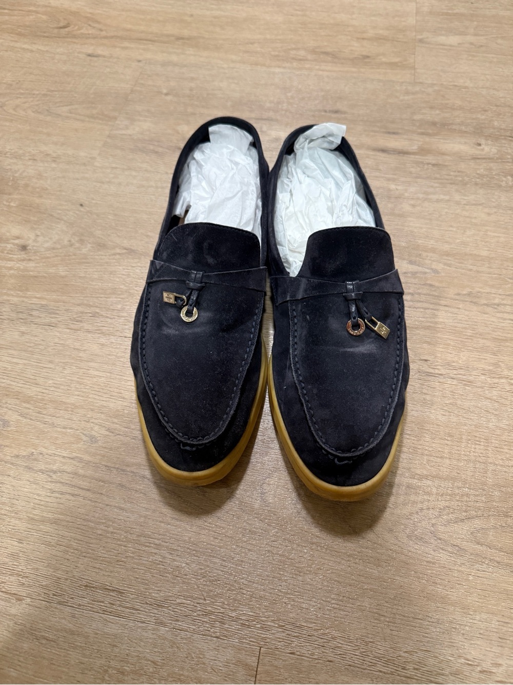 Loro Piana Black Suede Loafers with Tan Rubber Sole